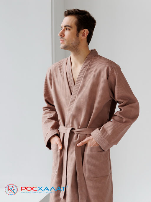Мужской вафельный халат с планкой коричневый В-03 (21)