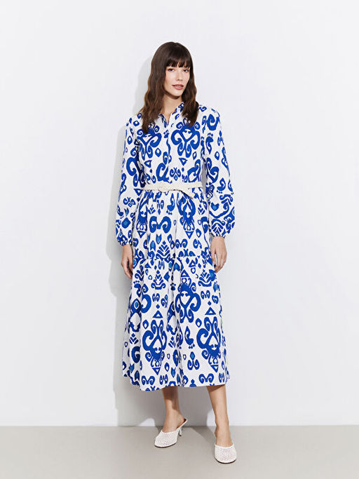 G?mlek Yaka Desenli Poplin Elbise