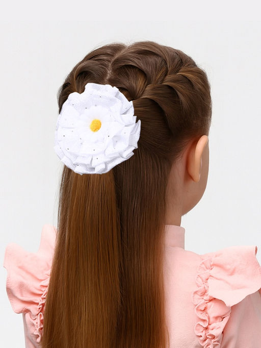 Цена за 6 шт. Бант для волос на резинке «Школьница», ромашка капельки, d=11 см, белый