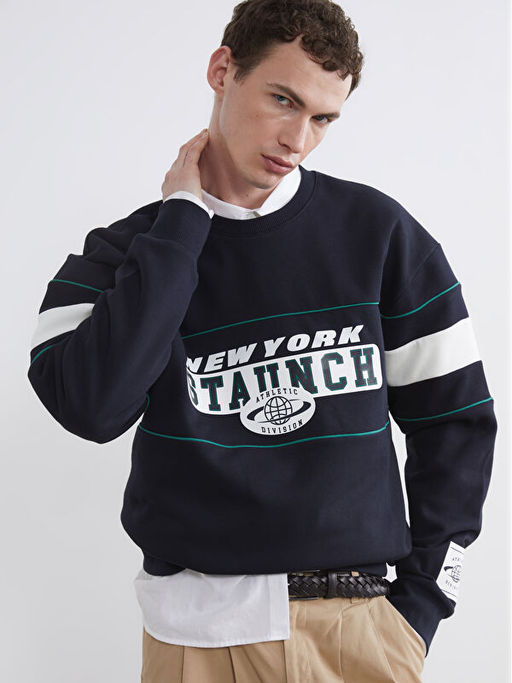 Bisiklet Yaka Bask?l? Erkek Kal?n Sweatshirt