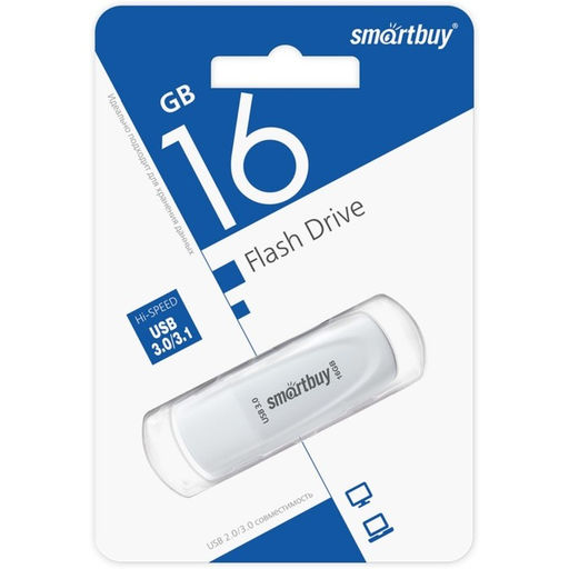 Флешка Smartbuy 016GB3SCW, 16 Гб, USB3.0, чтение до 100 Мб/с, запись до 40 Мб/с, белая