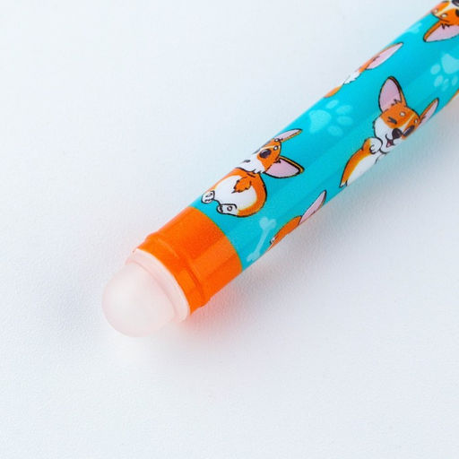 Цена за 10 шт. Ручка пластик пиши-стирай с колпачком «Корги», синяя паста, гелевая 0.5 мм