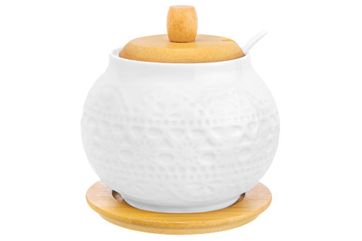 Сахарница Elan Gallery Белое кружево 620 мл с ложкой и деревянной крышкой на подставке  фото 5