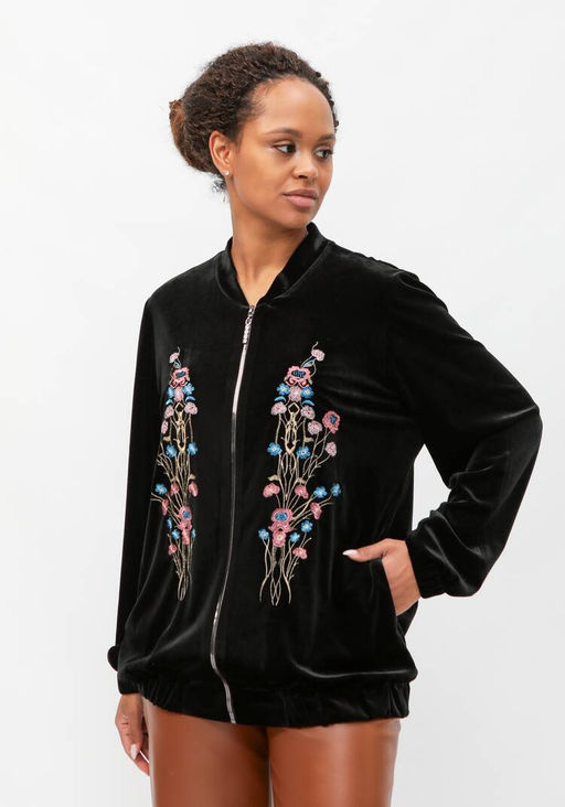 Бомбер с цветочной вышивкой на молнии черный