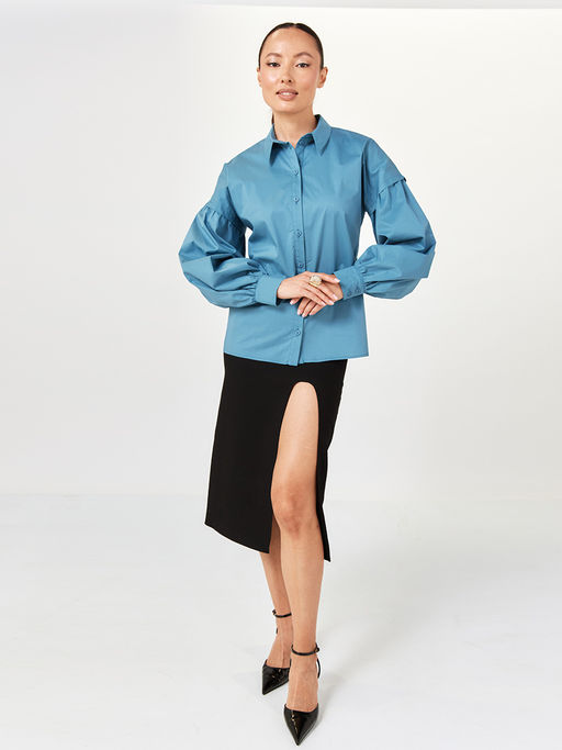 Рубашка блузка с пышным рукавом 100% хлопок голубой - Tantino фото 2