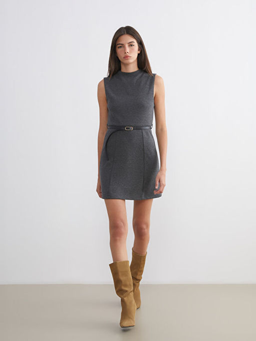 Bisiklet Yaka Beli Kemerli A Kesim Elbise