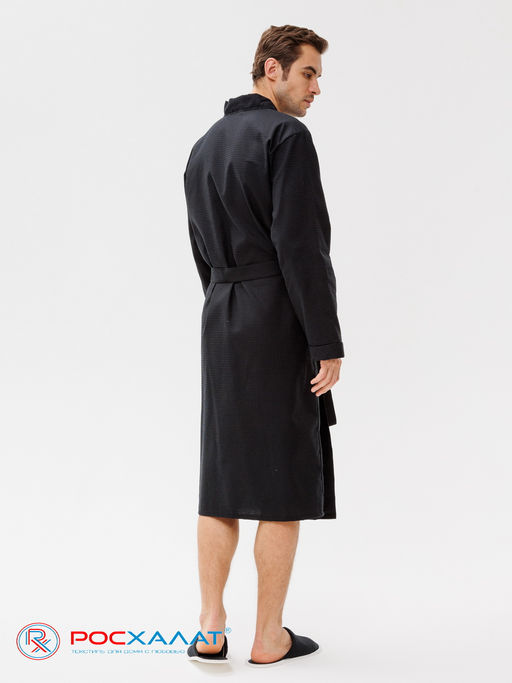 Мужской вафельный халат с планкой черный В-03 (27)