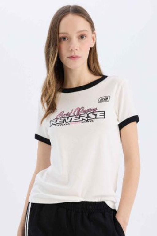Coool Regular Fit Bisiklet Yaka Bask?l? Ribana K?sa Kollu Tisort