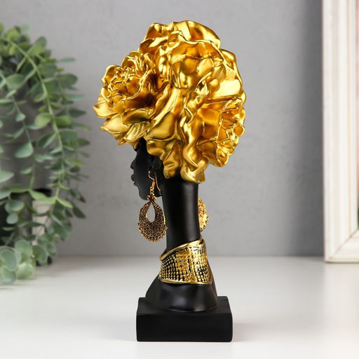 Фигурка полистоун «Бюст. Африканка с золотыми розами в волосах, с ожерельем», чёрный, 24×10×11 см