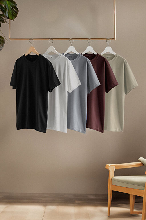 Unisex Siyah-Kahverengi-Gri-Ta_-Beyaz Slim/Dar Kesim 5li Paket %100 Pamuk T-shirt TMNAW20TS0243 - Trendyolmilla фото 2