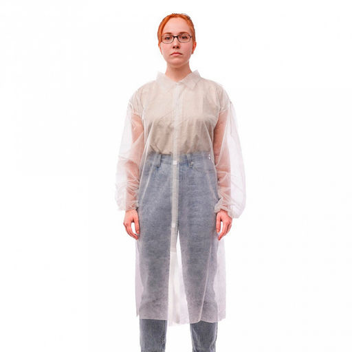 Халат одноразовый XL/110см, на липучке, спанбонд, 25мкм, водонепроницаемый, рукав на резинке, размер 48-50, белый, в упаковке 10шт, ТУ 13.92.29-009-64015714-2024, "SMZ" (Россия)