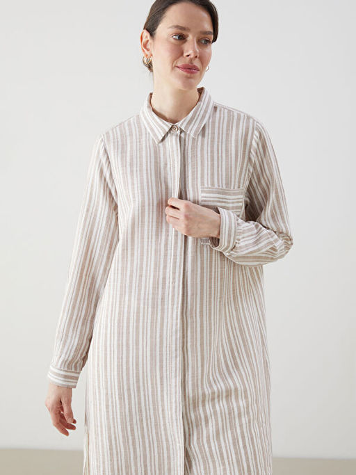 ?izgili Keten G?r?n?ml? Kad?n G?mlek Tunik