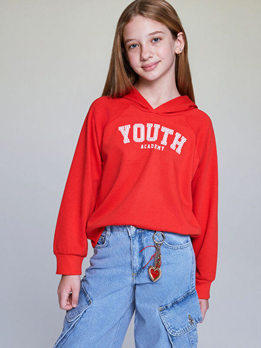 Kap??onlu Bask?l? K?z ?ocuk Sweatshirt