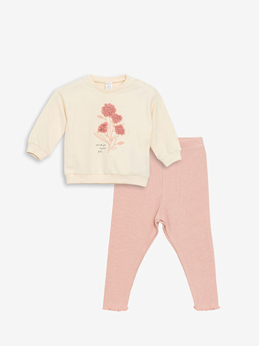 Bisiklet Yaka Bask?l? K?z Bebek Sweatshirt ve E?ofman Alt 2li Tak?m
