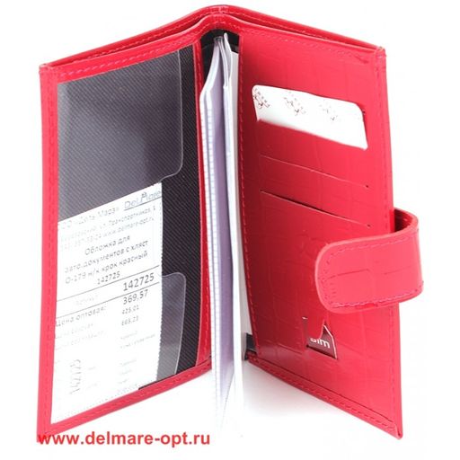 Обложка для автодокументов Premier-О-179 натуральная кожа (с хляст, 4внут карм, двойн стенка) красный крокодил (115) 142725  фото 2