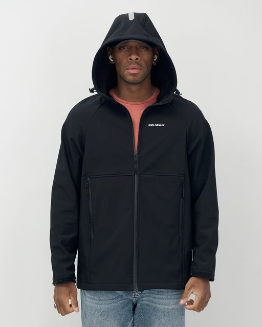 Ветровка спортивная мужская с капюшоном softshell черного цвета 9563Ch