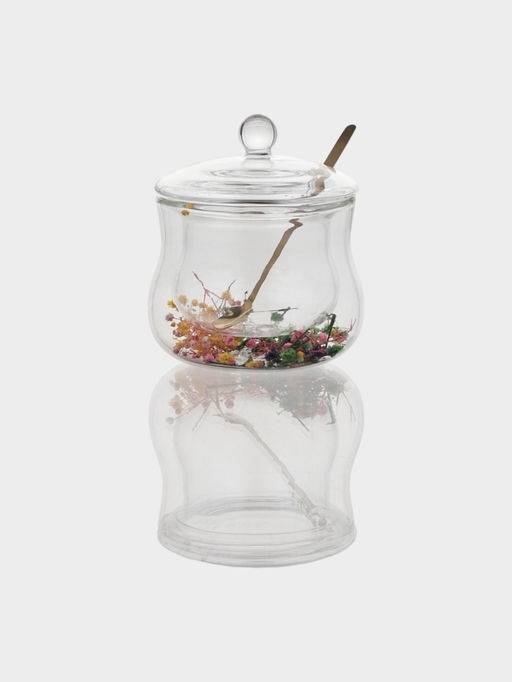 Сахарница с двойными стенками «Флора», 300 мл, 11×12 см, с сухоцветами, с ложкой, стекло, прозрачная