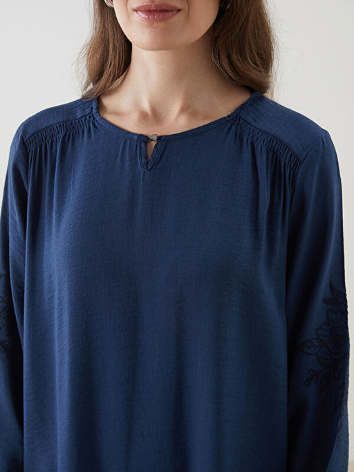 Bisiklet Yaka Nak??l? Keten G?r?n?ml? Elbise