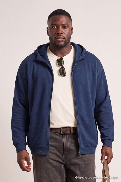 B_y_k Beden Lacivert Oversize/Geni_ Kesim Fermuarl_ Kap__onlu Pamuklu Sweatshirt TMNAW25AO00029 - Trendyolmilla фото 2
