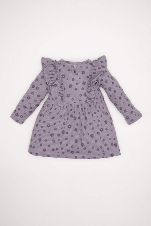 Вафельное платье с длинными рукавами и цветочным принтом для маленьких девочек - Defacto фото 3