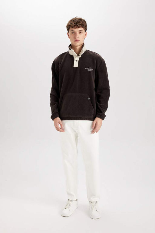 Флисовый свитшот свободного кроя с воротником-стойкой и вышивкой на кнопках - Defacto фото 2