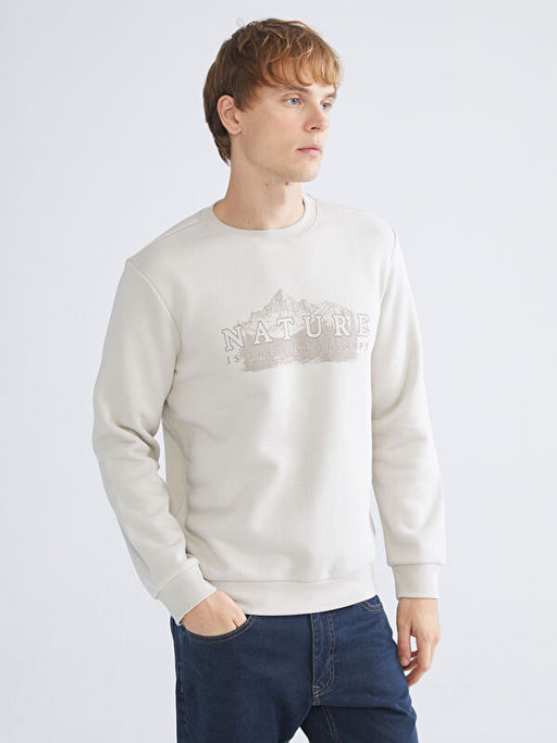Bisiklet Yaka Bask?l? Erkek Sweatshirt