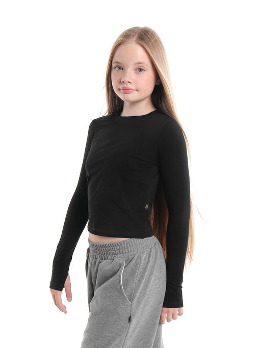 Лонгслив трикотажный спортивный с вырезом для пальца 22-7695 черный - Mini maxi фото 7