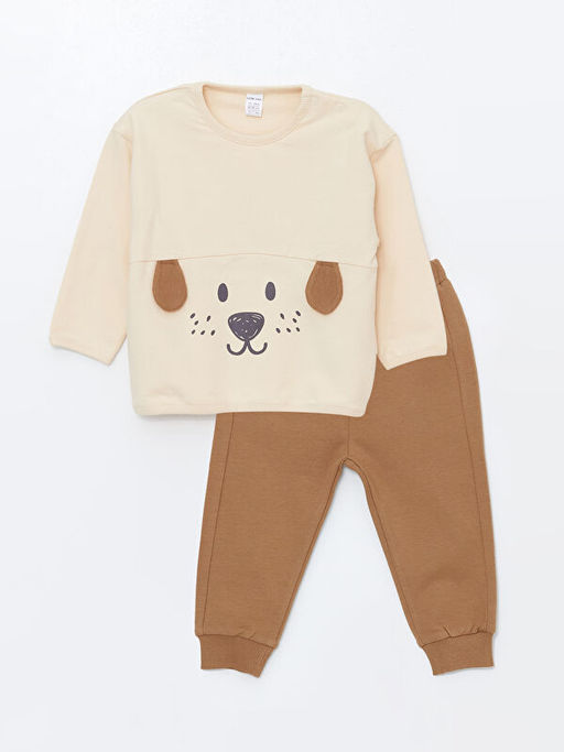 Bisiklet Yaka Nak??l? Erkek Bebek Sweatshirt ve E?ofman Alt 2li Tak?m