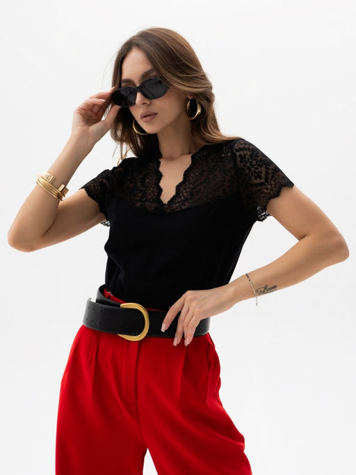 Футболка с кружевом, ,хлопок 95%, лайкра 5%, черная - Binita фото 2