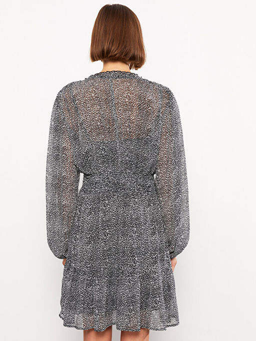 V Yaka Desenli Uzun Kollu ?ifon Elbise