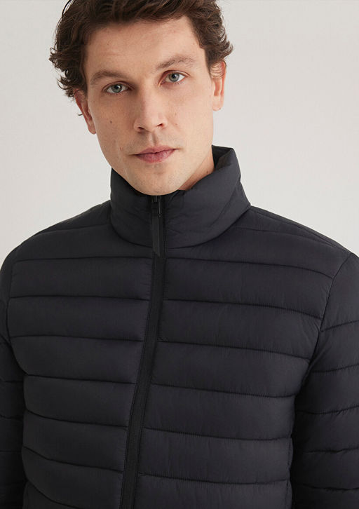 Dik Yaka Siyah Sisme Mont - Mavi фото 6