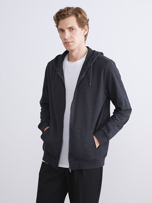 Kap??onlu Uzun Kollu Erkek Fermuarl? Sweatshirt