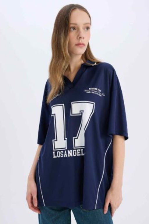 Coool Oversize Genis Kal?p Polo Yaka Bask?l? K?sa Kollu Tisort