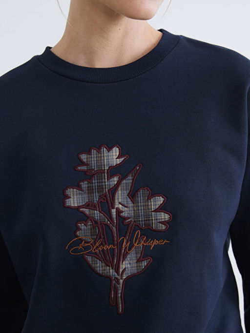 Bisiklet Yaka ?i?ekli Kad?n Kal?n Sweatshirt