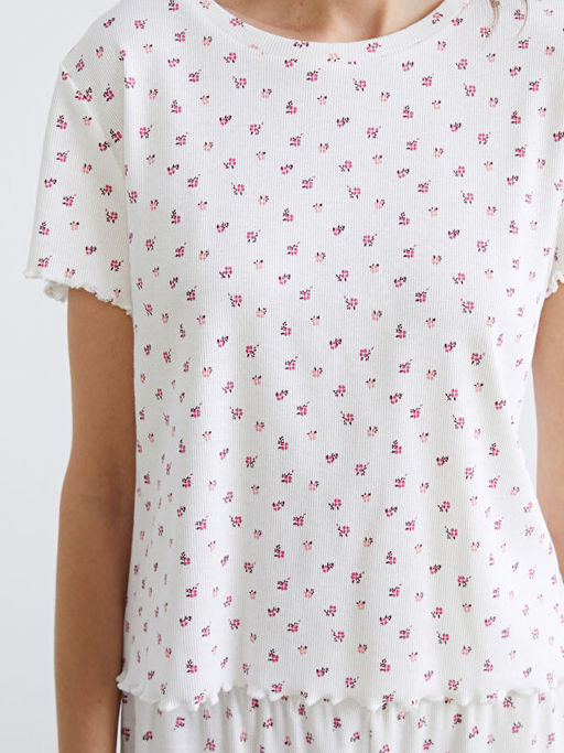 Bisiklet Yaka ?i?ekli Kad?n Pijama Tak?m?