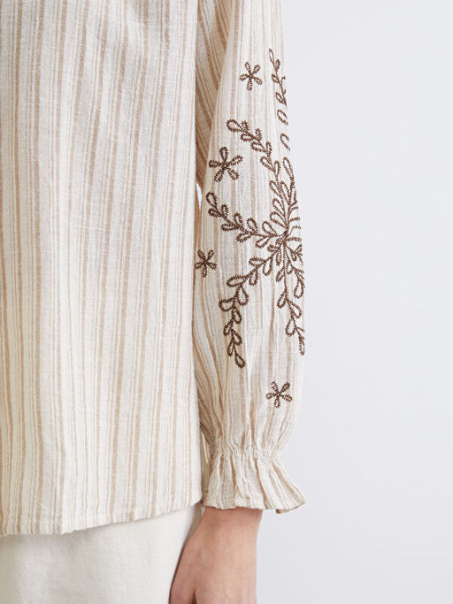 Ka??k Yaka ?izgili Keten Kar???ml? Kad?n G?mlek