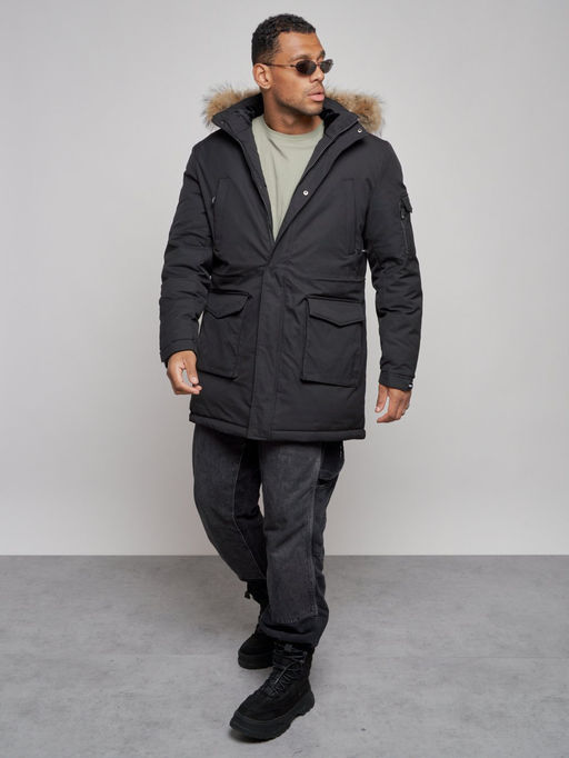 Парка мужская зимняя удлиненная с мехом черного цвета 8318Ch - Wonderrman фото 11