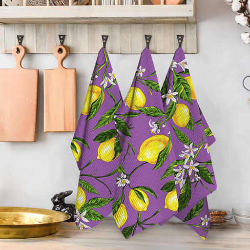 Полотенце вафельное 48х62см "Лимоны, сиреневый", хлопок 100%, 152гр/м2, "Домашняя мода" (Россия)