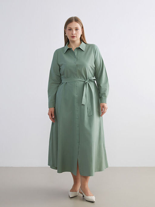 B?y?k Beden Beli Ku?akl? Poplin G?mlek Elbise