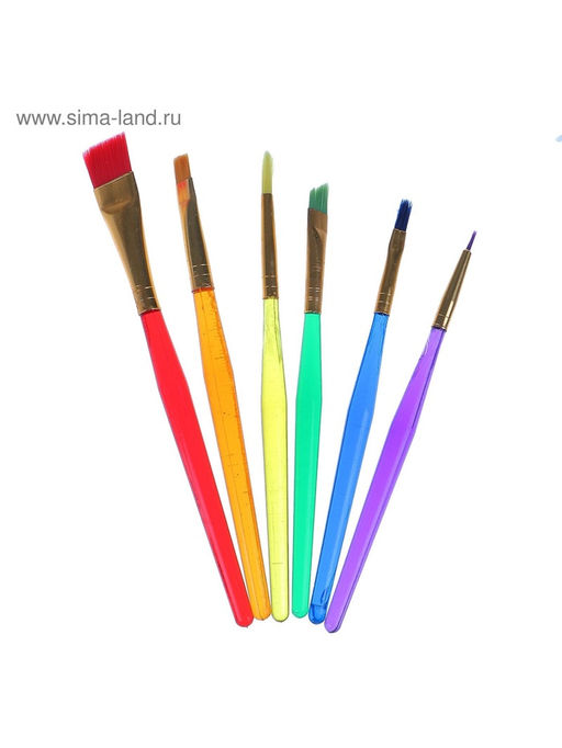 Набор кистей для рисования, синтетика, 6 штук, «Радуга», круглые, плоские
