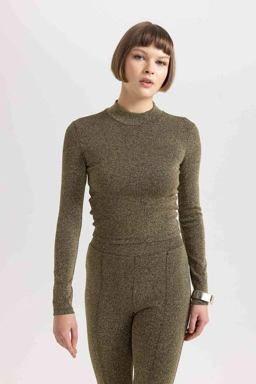 Футболка узкого кроя с полуводолазкой и длинными рукавами - Defacto фото 4