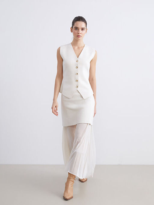 Beli Lastikli Pileli Triko Etek