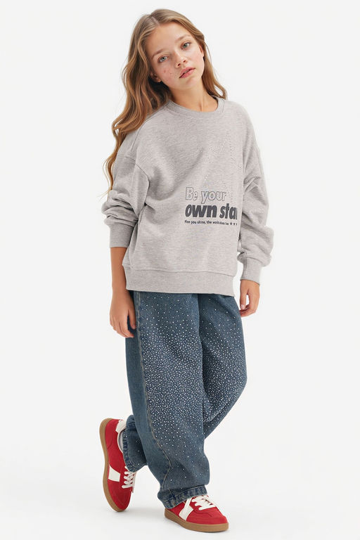 Relax Fit Bisiklet Yaka Bask_l_ Sweatshirt K_z _ocuk - Defacto фото 2
