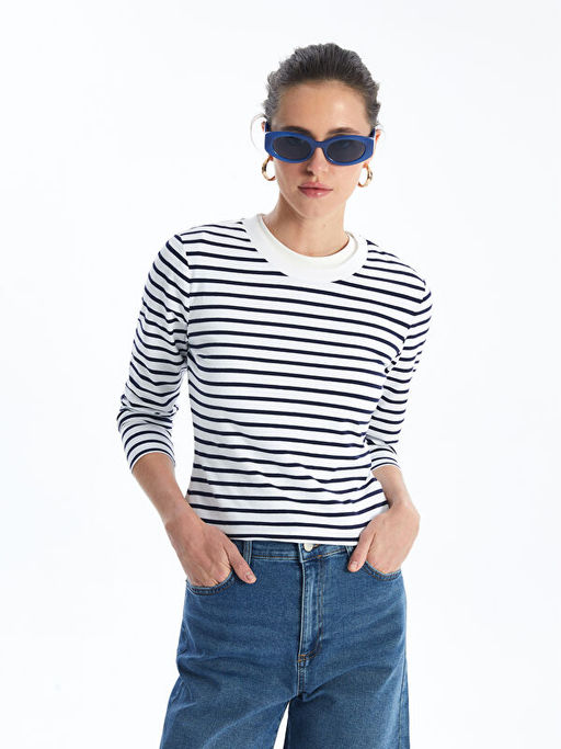 Bisiklet Yaka ?izgili Uzun Kollu Kad?n Body