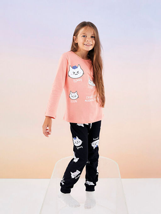 Bisiklet Yaka Bask?l? Uzun Kollu K?z ?ocuk Pijama Tak?m?