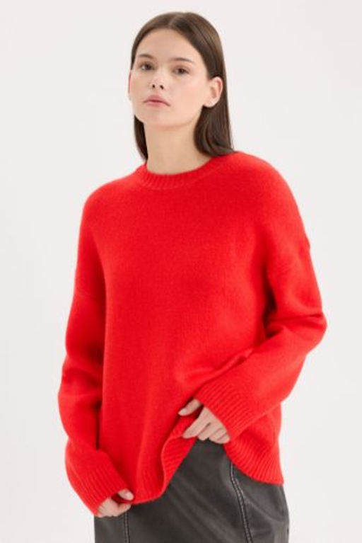 Oversize Genis Kal?p Bisiklet Yaka Basic Duz K?rm?z? Triko Kazak