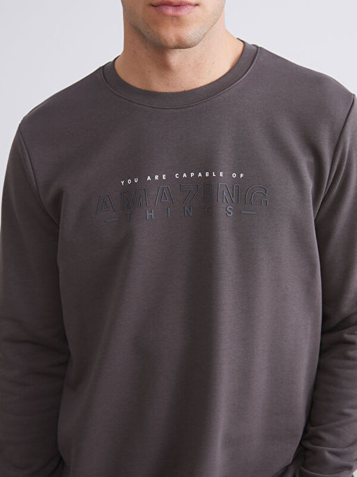 Bisiklet Yaka Bask?l? Erkek Kal?n Sweatshirt