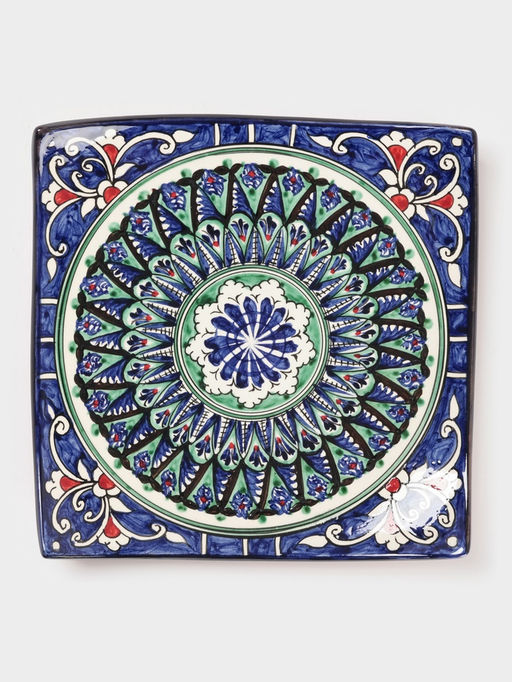 Ляган узбекский Риштанская Керамика «Узоры», 25×4.5 см, квадратный, синий