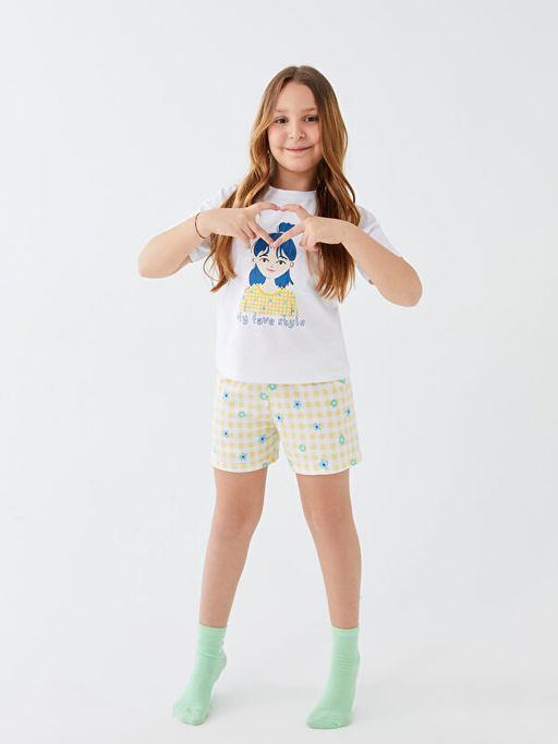 Bisiklet Yaka Bask?l? K?sa Kollu K?z ?ocuk ?ortlu Pijama Tak?m?