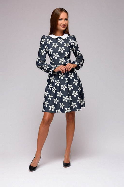 Платье темно-синее длины мини с принтом и белым воротничком - 1001dress фото 2